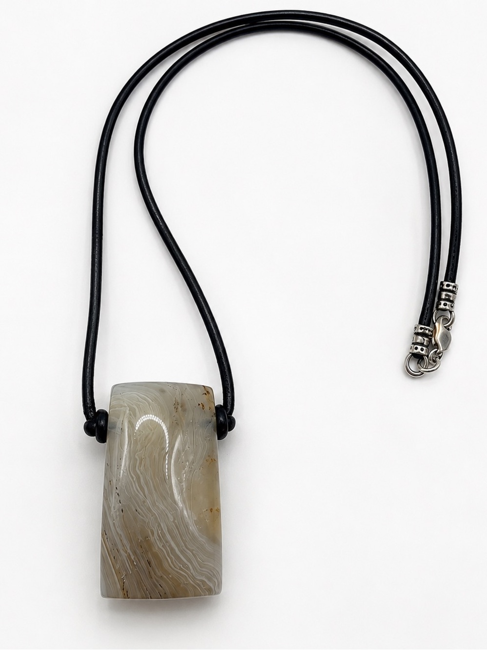 Agate Natural Gray Stone Pendant Necklace Black Leather Cord Sterling Silver 18"